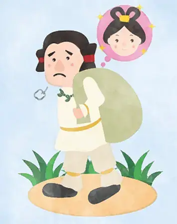 The siblings of the god of wealth had to carry a large bag just like servants and could only walk at the far back